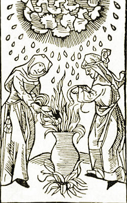 Zwei Hexen bei einem ihrer liebsten Hobbys - Zaubertrankbrauen und (Un-)Wetter machen: Holzschnitt aus Ulrich Molitor, Tractatus von den bösen weiben die man nennet die hexen, Augsburg 1508
