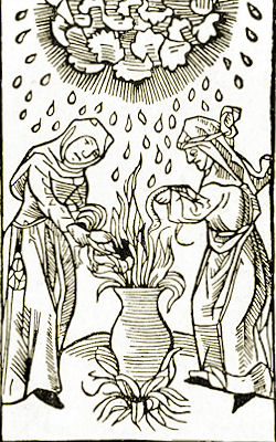 Zwei Hexen bei einem ihrer liebsten Hobbys - Zaubertrankbrauen und (Un-)Wetter machen: Holzschnitt aus Ulrich Molitor, Tractatus von den bsen weiben die man nennet die hexen, Augsburg 1508