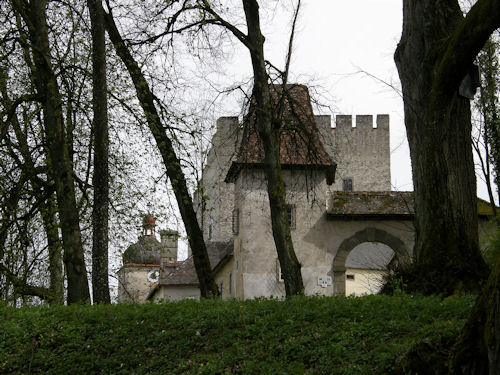 Durch einen romantischen Park mit alten Bumen kommend, ffnet sich der westseitige Zugang zur Burg.