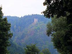 ... kündet linkerhand nur der Bergfried von der ansonst im Wald verborgenen Burg.