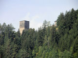... entdeckt man vorerst den westlichen Bergfried von Hochliebenfels ber die Wipfeln des Burghgels aufragen. 
