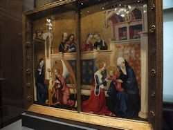 Verkündigung und mystische Vermählung der hl. Katharina; Meister von Heiligenkreuz, Tempera auf Holz, um 1410