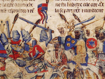 Kreuzritter im Kampf mit Muslimen - Ausschnitt aus einer mittelalterlichen Buchmalerei