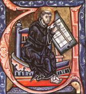 Ein Mönch liniert ein Pergamentblatt, Miniatur aus einer mittelalterlichen Handschrift, 1255