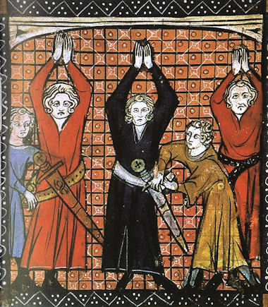 Schwertleite: Drei Knappen werden mit dem Schwert gegürtet - Abbildung aus einer französischen Handschrift des 13. Jahrhunderts. 