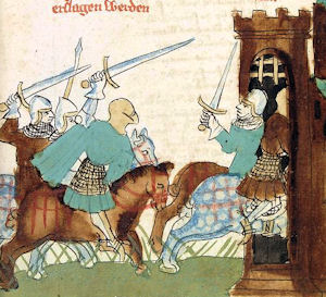 Ritter im Kampf - Bildauszug aus dem Cod. Pal. germ. 403, Straßburg, um 1419 