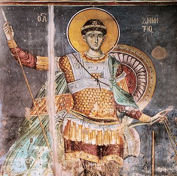 Der heilige Demetrius als Soldat; orthodoxes Fresko, Berg Athos, um 1300