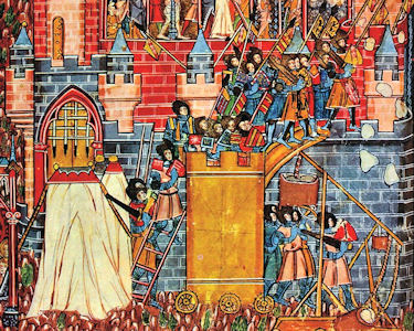 Belagerung einer mittelalterlichen Stadt; Abbildung um 1300 