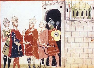 Übergabe Jerusalems duch Sultan al-Kamil an Friedrich II., Abbildung aus der Chronica des Giovanni Villani, 14. Jhdt.