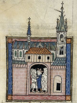 König Artus mit seinen Rittern beim Kirchgang, Abbildung aus einer nordfranzösischen oder flandrischen Handschrift, um 1320