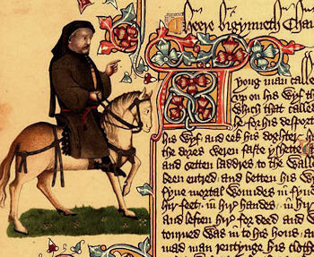 Geoffrey Chaucer als Pilger, Abbildung aus dem Ellesmere-Manuskript der Canterbury Tales, Anfang 15. Jhdt.