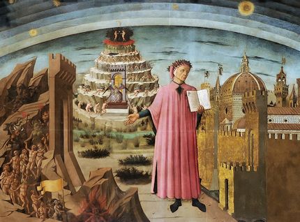 Dante mit seiner Dichtung, im Hintergrund Florenz und die drei Reiche Inferno, Purgatorium und Himmel; Fresko des Domenico di Michelino, 1465