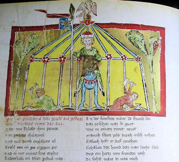 Ein Ausschnitt aus der Willehalmhandschrift unserer Bibliothek - leider kein Original, sondern nur Faksimile - mit einer Darstellung, die den Aufbau eines mittelalterlichen Zeltes zeigt ... 