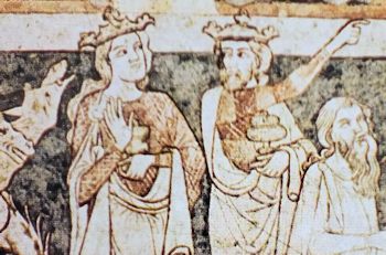 Dort drüben steht es, das sagenumwobene Camelot, scheint er zu deuten, der gute König Artus ..., Abbildung aus einem sehr, sehr alten Buch
