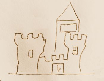 ... weshalb unser Forscherkollege sofort eine erste fachkundige, auf den Verläufen der gesichteten Mauerreste basierende Skizze Camelots für uns erstellte, ...