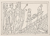 König Offa besucht mit zusammen mit dem Bauverwalter und dem Werkmeister eine Baustelle, Handschrift um 1250, Dublin