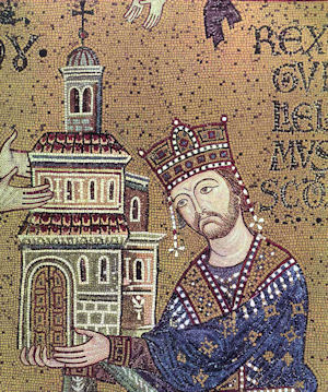 Der normannische König Willhelm II übergibt der Jungfrau ein Stiftermodell der Kathedrale von Monreale, Sizilien, vor 1183