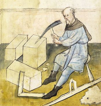 Ein Steinmetz bearbeitet einen Quaderstein; Hausbuch der Mendelschen Zwölfbrüderstiftung zu Nürnberg, um 1430