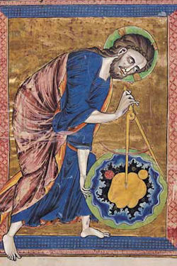 Christus als Weltenbaumeister, mit dem Zirkel, dem Attribut des Werkmeisters, Bible moralisée, Wien, um 1220