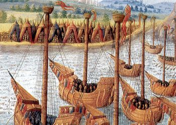 Eine Kreuzfahrerflotte im Anmarsch auf Konstantinopel; Ausschnitt einer französischen Buchillustration aus dem 15. Jhdt.