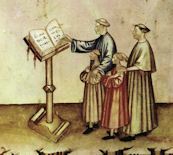 Mönche und Schüler,  Taccuino Sanitatis, 14. Jhdt.