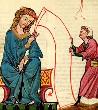 Abbildung einer Buchrolle, eines Rotulus, im Codex Manesse, frühes 14. Jhdt. - beachtenswert die senkrechte Leserichtung .. 