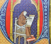 Mönch in typischer Schreibhaltung, Handschrift der Staatsbibliothek Berlin