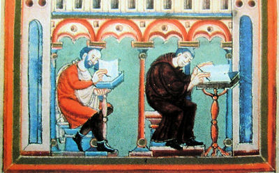 Abbildung zweier Schreiber, eines Mönchs und eines Laien, im Skriptorium, Evangelistar Heinrich III., Mitte 11. Jhdt.
