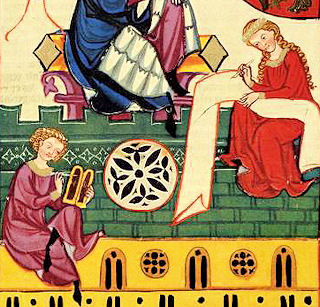 Schreiber beschreibt eine zweiteilige Wachstafel, ein sogenanntes Dyptichon, und Dame eine Schriftrolle, Abbildung aus dem Codex Manesse, frühes 14. Jhdt.