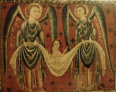 Die Erzengel Raphael und Gabriel geleiten eine Seele in den Himmel, Navarra, um 1200 
