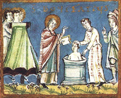 Bonifatius tauft Heiden und führt sie der Ecclesias zu, Abbildung aus dem Fuldaer Sacramentarium, 10. Jhdt.
