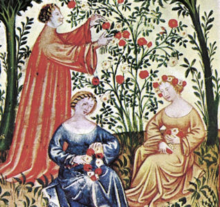 Frauen beim Müßiggang - Ausschnitt einer Abbildung aus dem Tacuinum sanitatis, Rom, 15. Jhdt.