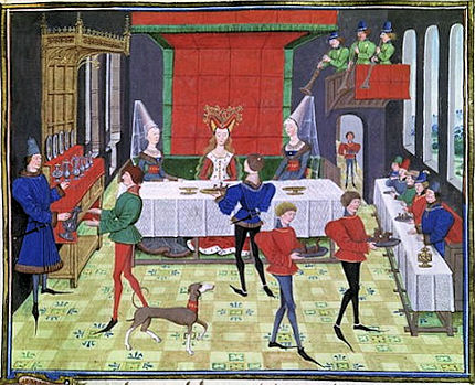 Banket zur Hochzeit des Renaud de Montauban, Buchmalerei von Loyset Liedet, um 1470