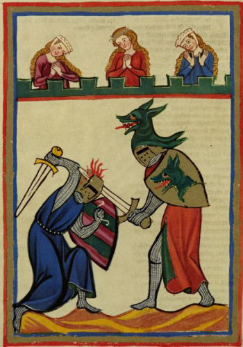 Herr Dietmar der Sezzer im ritterlichen Zweikampf,  Abbildung aus dem Codex Manesse