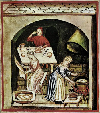 Zubereitung einer Fischsuppe, Abbildung aus dem Taccuinum Sanitatis,  15. Jhdt. 