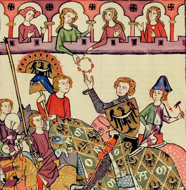 Herzog Heinrich von Breslau nimmt die Huldigungen der Damen entgegen, Codex Manesse, 1. Hälfte 14. Jhdt.