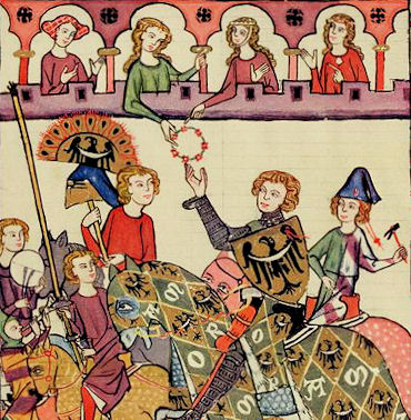 Herzog Heinrich von Breslau nimmt die Huldigungen der Damen entgegen, Codex Manesse, 1. Hlfte 14. Jhdt.