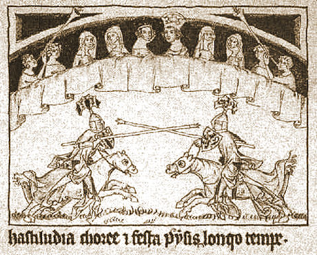 Darstellung eines sogenannten Hastiludiums unter den Mauern einer italienischen Stadt, aus der Trierer Bilderhandschrift zur Romfahrt König Heinrich VII, 1. Hälfte 14. Jhdt.