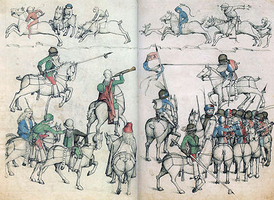 Darstellung eines Gestechs mit scharfen Waffen, Abbildung aus dem Hausbuch Wolfegg, um 1480 