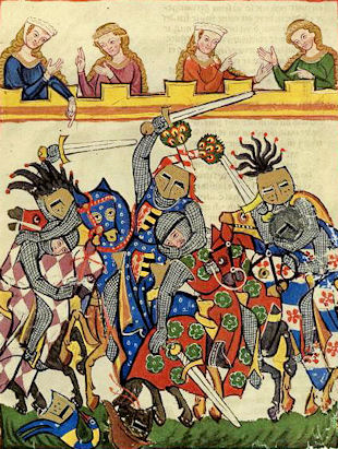 Turnei mit beobachtenden Damen; Abbildung aus dem Codex Manesse, 13. Jhdt. 