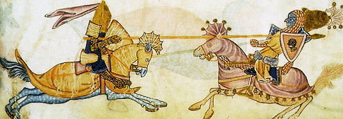 Richard Löwenherz sticht Sultan Saladin aus dem Sattel, Abbildung aus einem englischen Manuskript, 14. Jhdt.