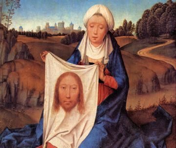 Ausschnitt aus dem Gemälde 'Die Heilige Veronika' des Hans Memling, das das 'Vera Icon' zeigt, um 1470