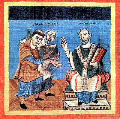 Die Gelehrten Rabanus-Maurus und Alcuin legen Otgar von Mainz ihre Arbeit vor.