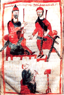 Karl der Große und sein Sohn Pippin als Gesetzgeber, aus dem Codex Modena