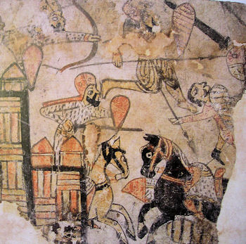 Ägyptische Krieger im Kampf mit Kreuzfahrern - ägyptische Darstellung, 13. Jahrhundert