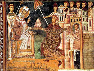 Konstantinische Schenkung: Kaiser Konstantin überreicht Papst Silvester die Tiara als Symbol weltlicher Macht, Fresko in der Basilika Sant Quattro Coronati in Rom aus dem Jahre 1246.