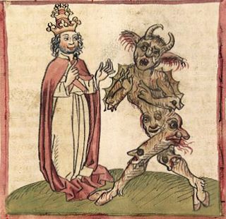 Papst Sylvester II. und sein Dämon Meridiana, Illustration aus einer deutschen Handschrift, um 1460