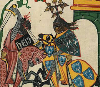 Wer ein rechter Kriegsmann war, der brauchte die rechte Hand und den linken Fuß, Graf Friedrich von Leinigen leistet Überzeugungsarbeit, Codex Manesse, 1. Hälfte 14.Jhdt.