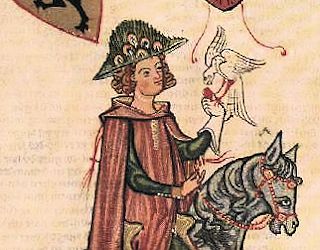 Hutmode anno Dazumal: Der Pfauenhut des Herrn Ulrich vot Gutenburg; Abbildung aus dem Codex Manesse, frühes 14. Jhdt.