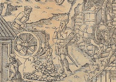Das Kerbholz in seiner ursprünglichen Bedeutung gebraucht: Registrierung der gelieferten Erzmenge durch einen Bergbeamten, nach Georgius Agricola, 1556